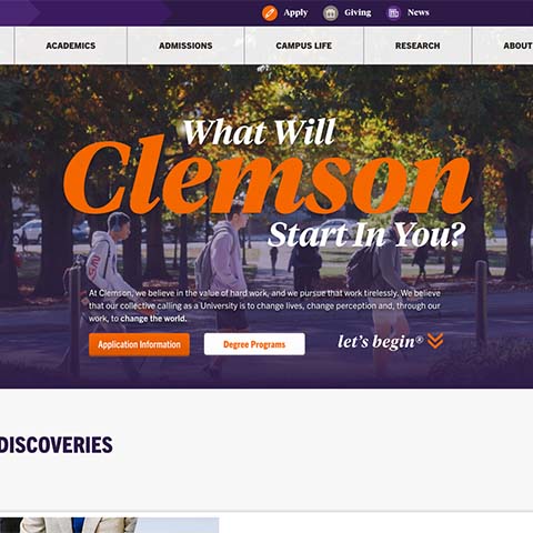 Home page for Clemson.edu with several calls to action.